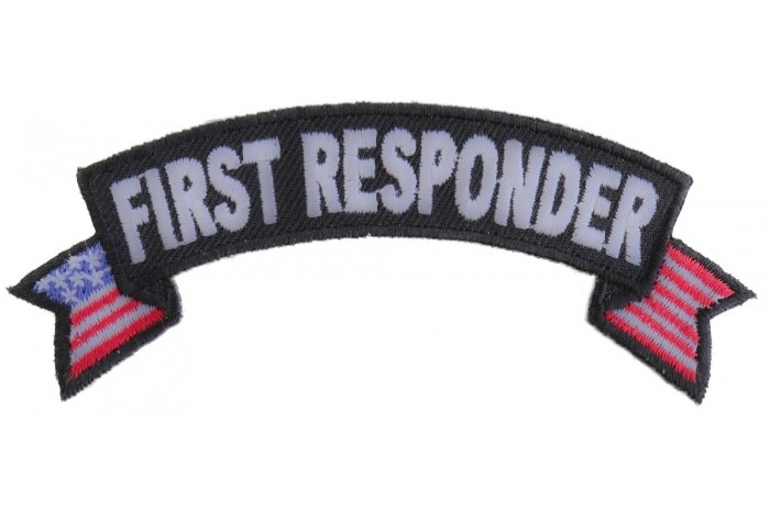 FIRST RESPONDER US FLAG ROCKER SMALL 4 X 1 1/2 EMBROIDERED IRON ON PATCH