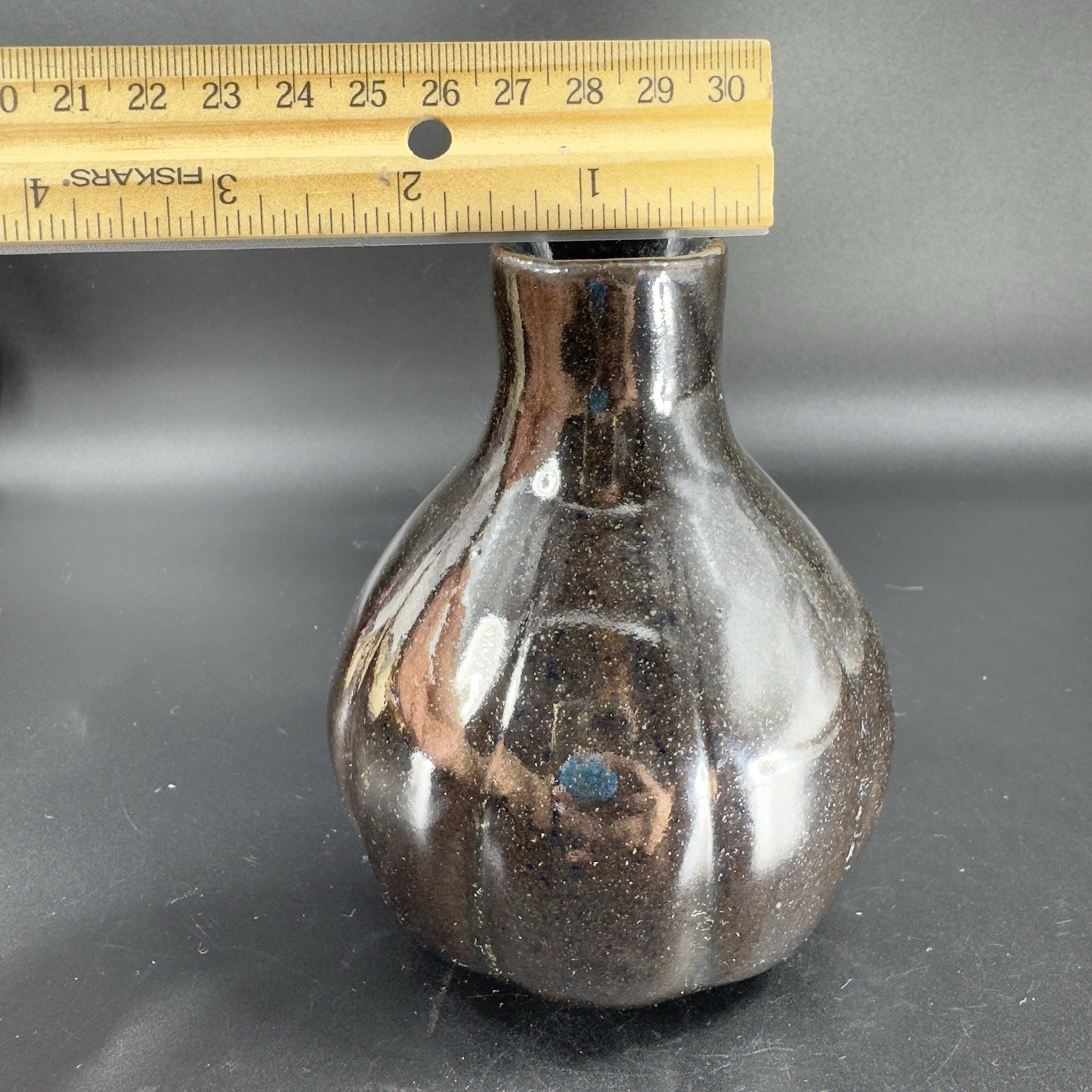 1980s Vintage Stoneware Pottery Vase Bottle Artist Signed Deep Brown Black Glaze