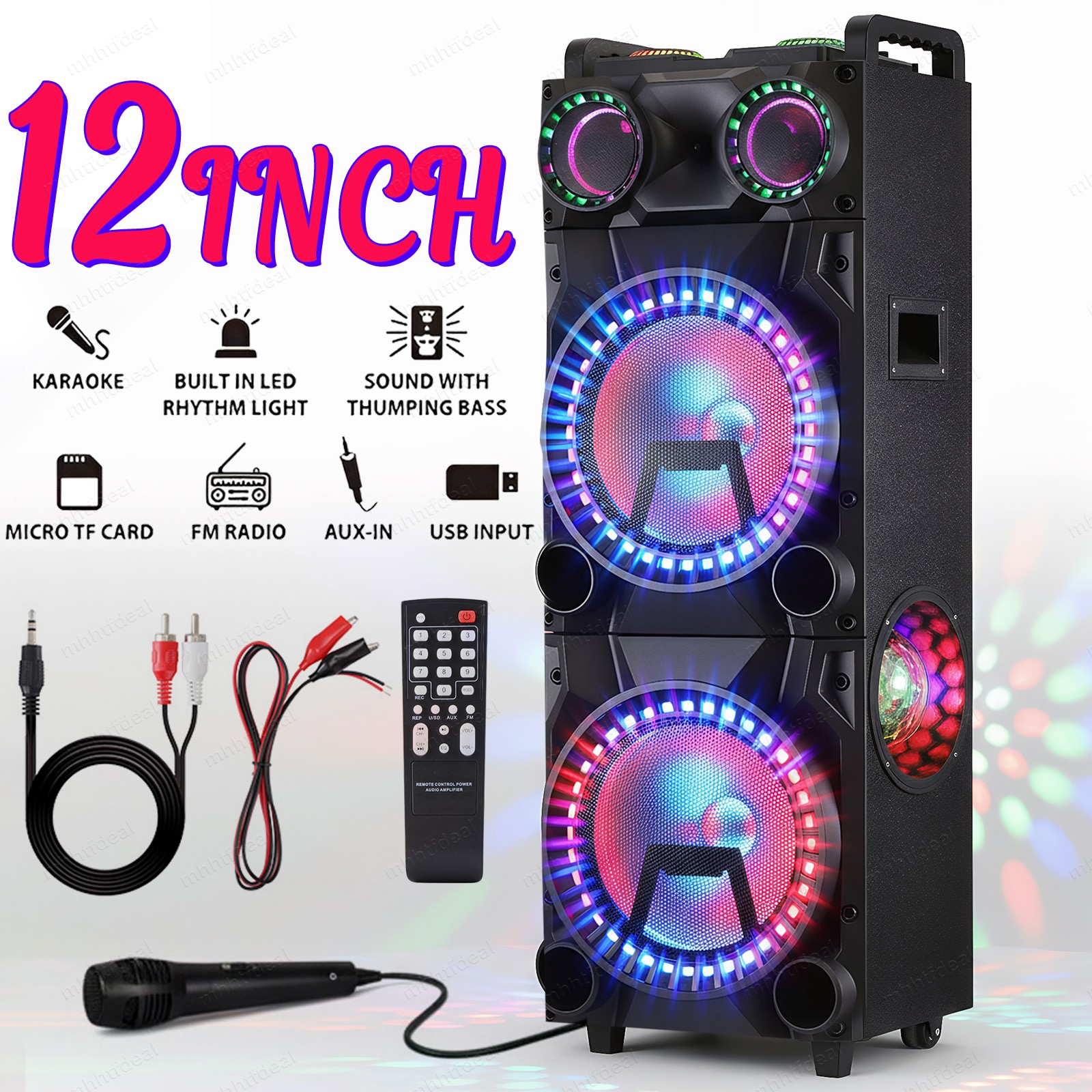 Bluetooth Portable Party Speaker Wireless Dual 12" Subwoofer Deep Bass AUX LED