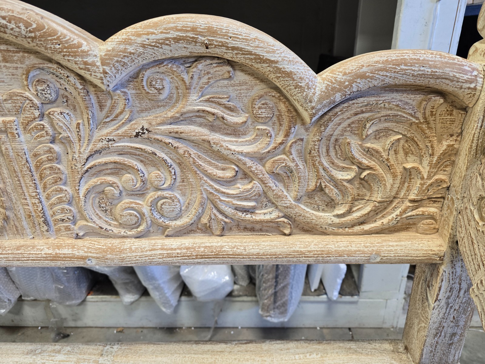 Reclaimed solid wood bench with floral carving design
