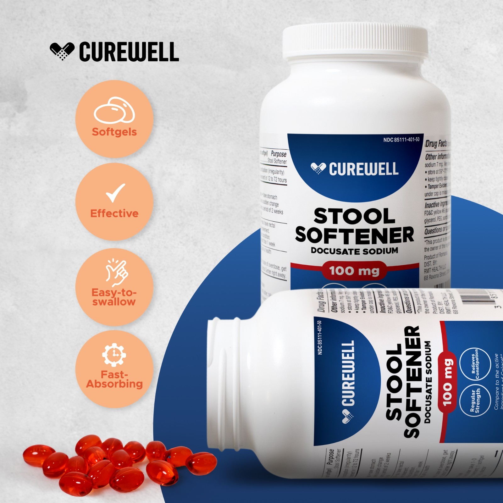 CUREWELL Stool Softener Docusate Sodium 100mg Softgels (500 Count)