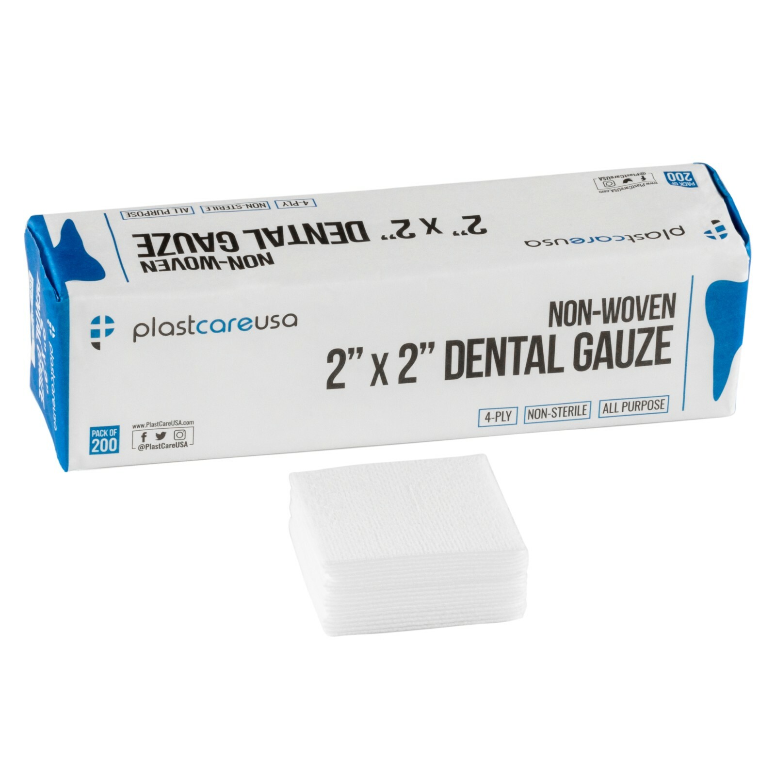 600 2x2 Non Woven Sponges 4-Ply, Non-Sterile Cotton Dental Gauze (3 Pack of 200)