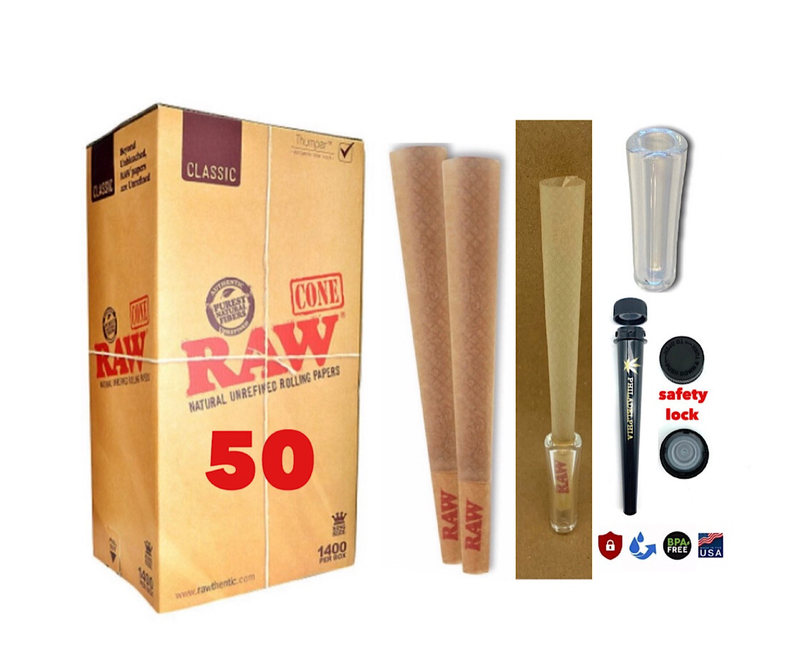 RAW Classic King Size Cone AUTHENTIC(50 pack)+phily tube+glass cone tip