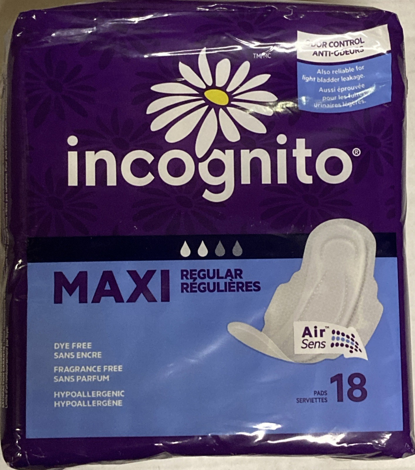 Incognito Maxi Pads Regular 18 Ct Lot Of 2 Packs = 36 Total, Hypoallergenic