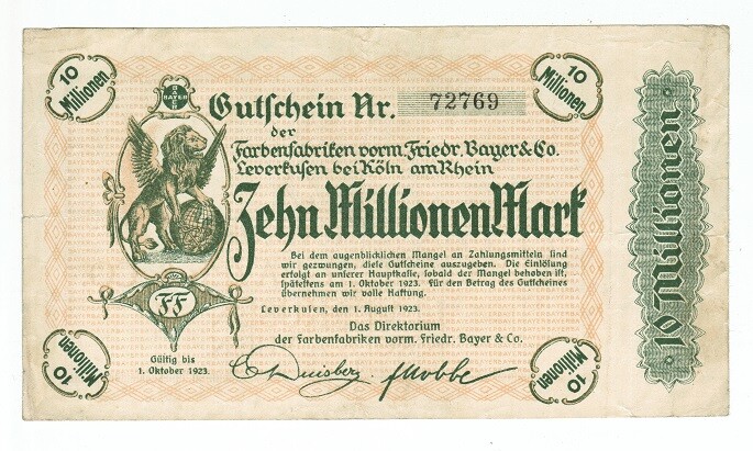 GERMANY BANKNOTE 10 MILLION MARK LEVERKUSEN 1923