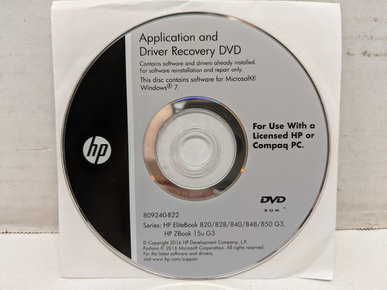 HP Application & Driver Recovery DVD for Windows 7 - 809240-B22