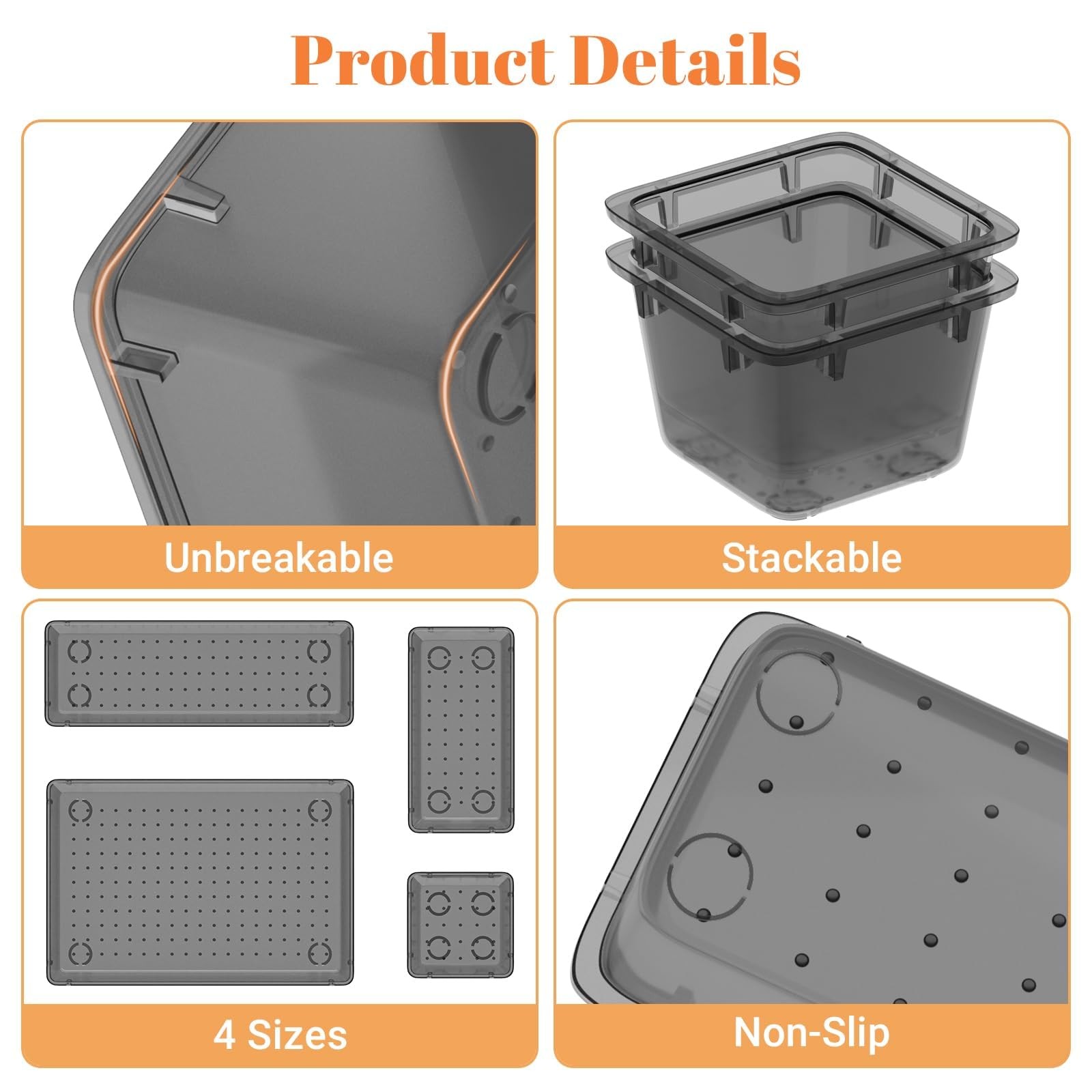 SpaceHacks 15 PCS Clear Plastic Drawer Organizer Set, 4-Size Acrylic Black