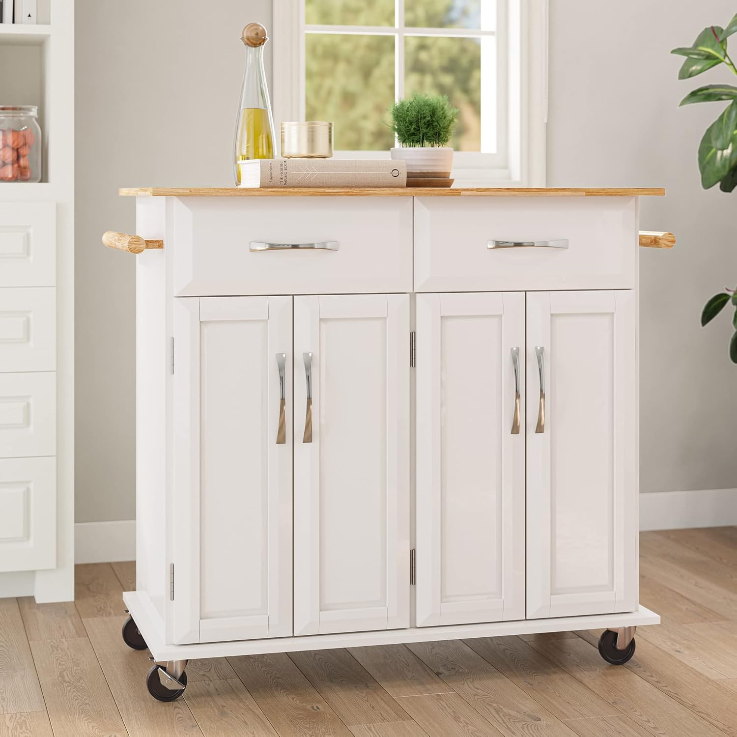 Mobile Kitchen Island Cart with Storage, 2 Drawers & Rubber Wood Top, White