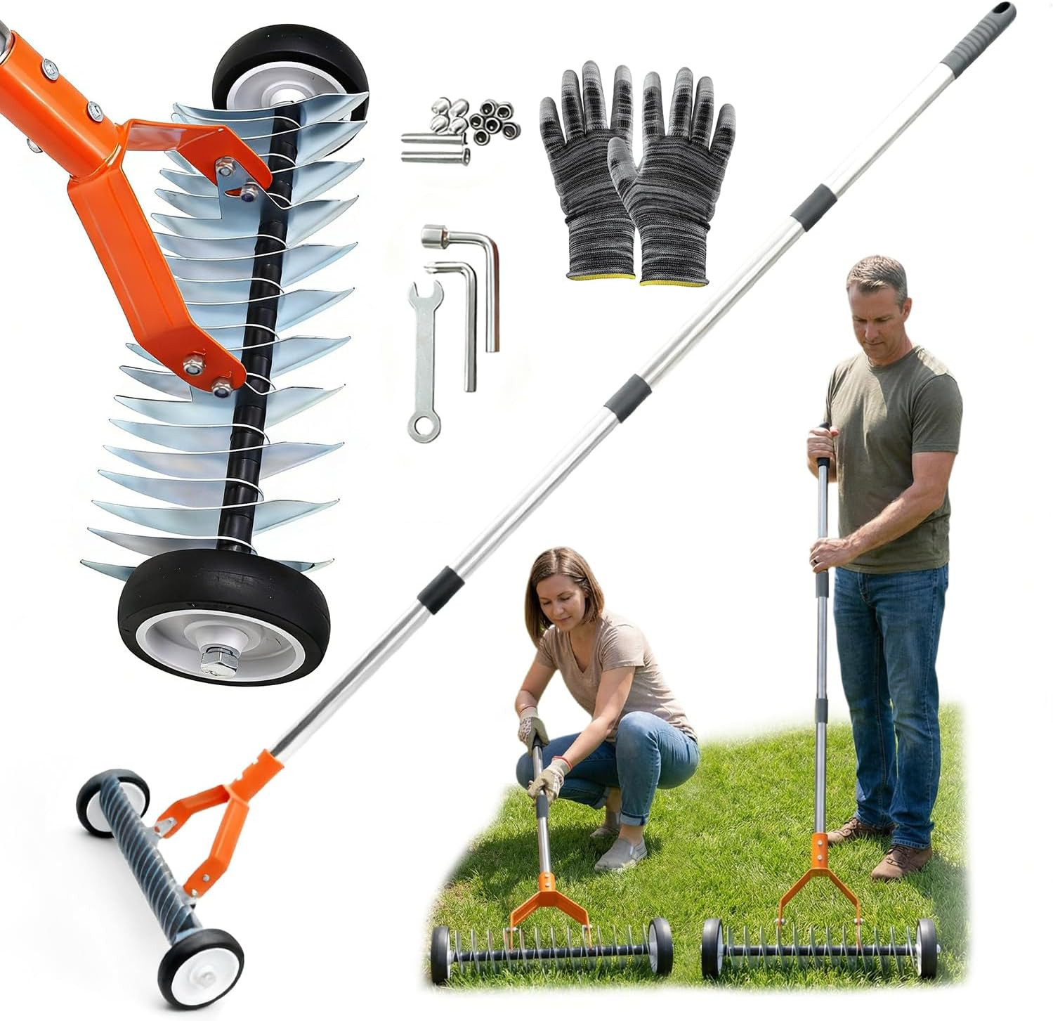 Wheeled Dethatching Rake for Lawn - 15" Heavy Duty Stainless Steel Thatch Rake w