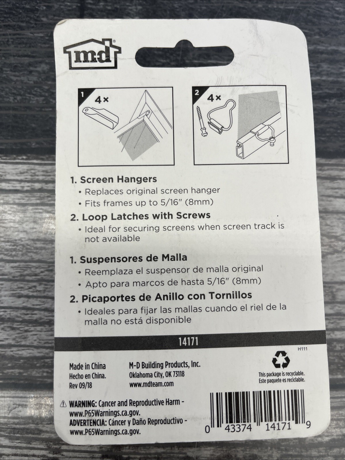 M-D frame fasteners for screen frame 5/16". 4 screen hangers, 4 loop latches