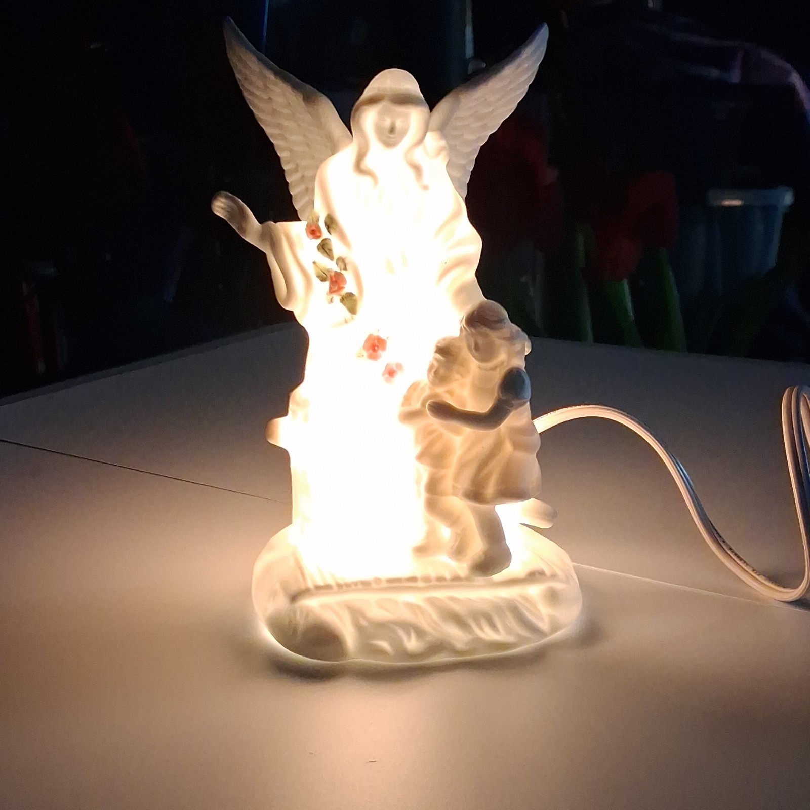 Roman Touch of Rose Angel Night Light Porcelain Matte White Pink Green Corded