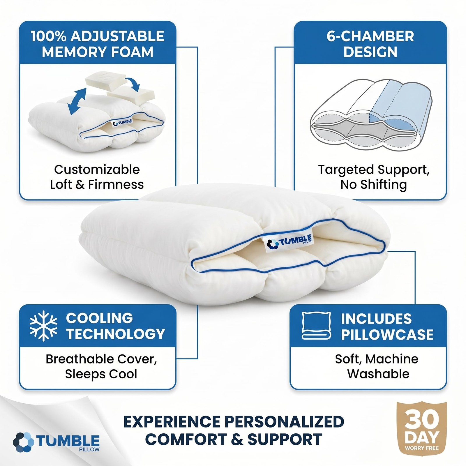 TUMBLE Adjustable Memory Foam Cooling Pillow, Standard/Queen, 1 Pack