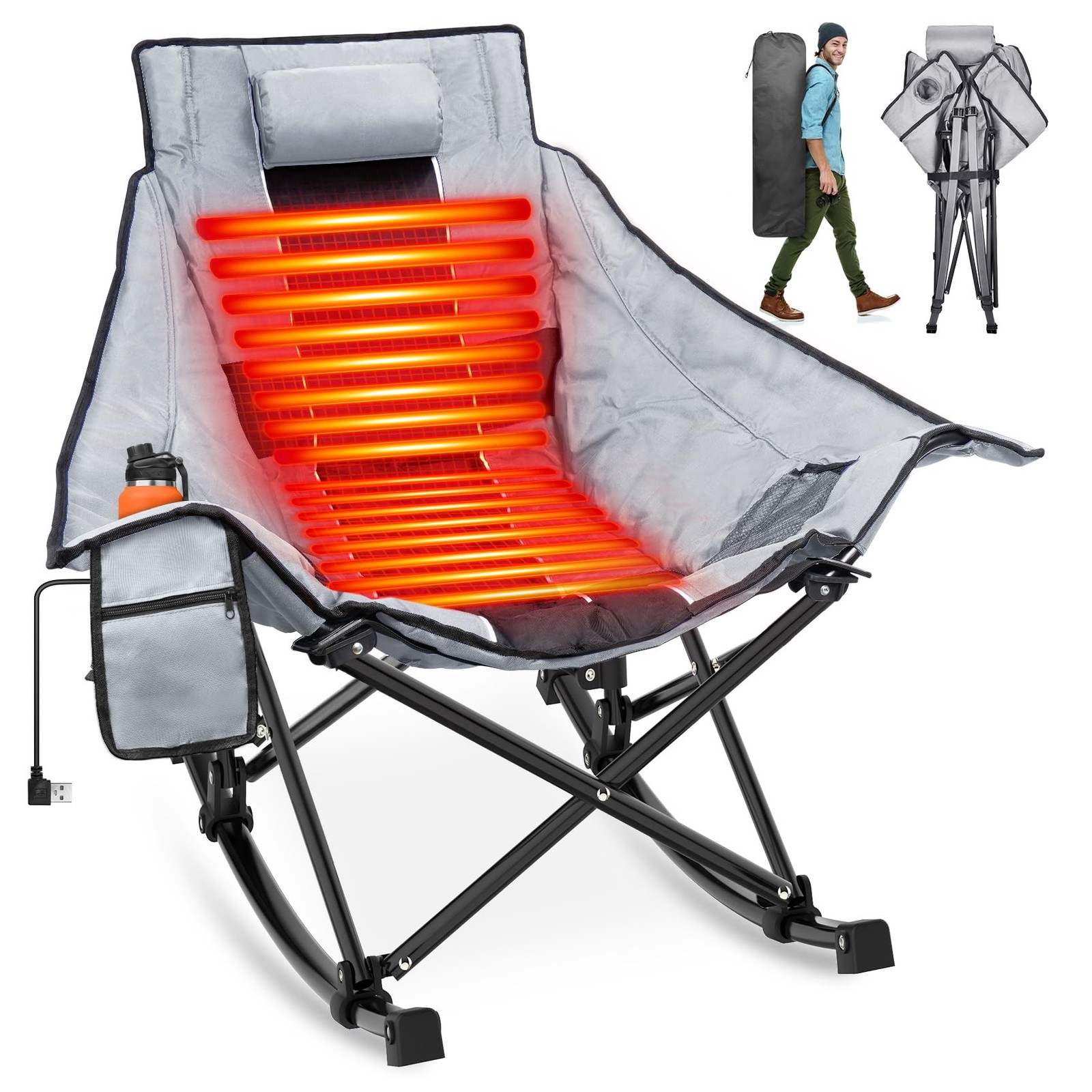 Heated Rocking Camping Chair, XL Oversized Rocking Chair Outdoor with 3 Heat ...