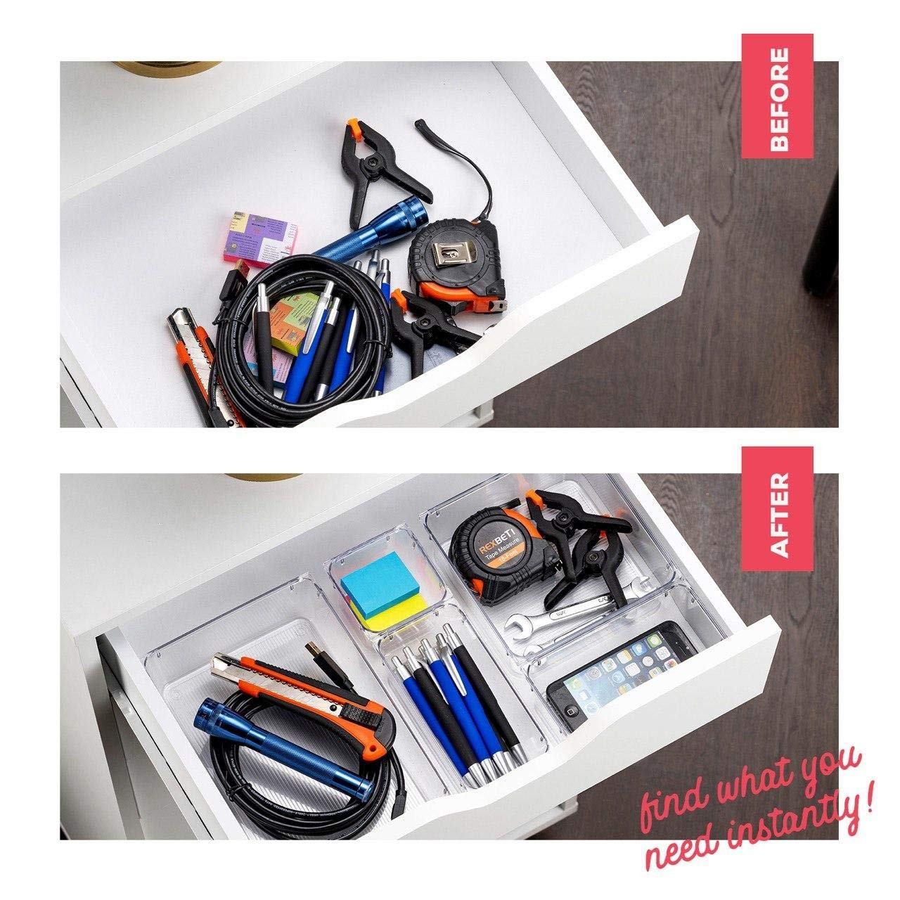 25 PCS Clear Plastic Drawer Organizers Set, 4-Size Versatile Bathroom and Van...