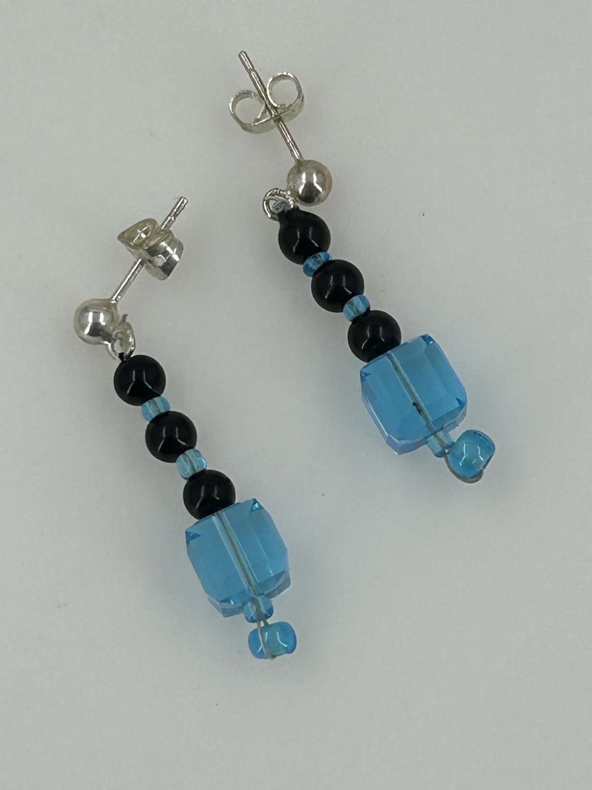 Handmade Blue Black Crystal Dangle Earrings