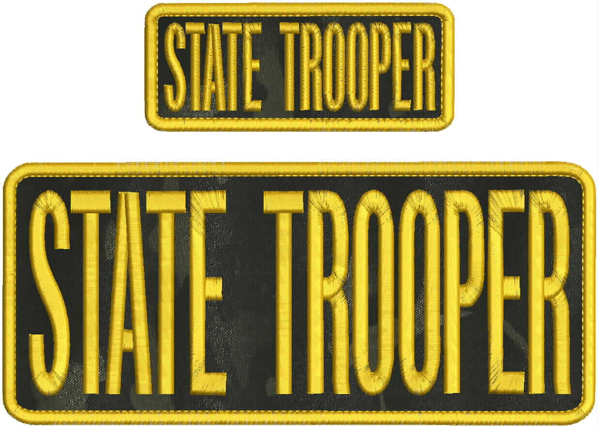 State Trooper 2 Embroidery patches 4x10&2x5 velcr@ On Back gld On Black multicam