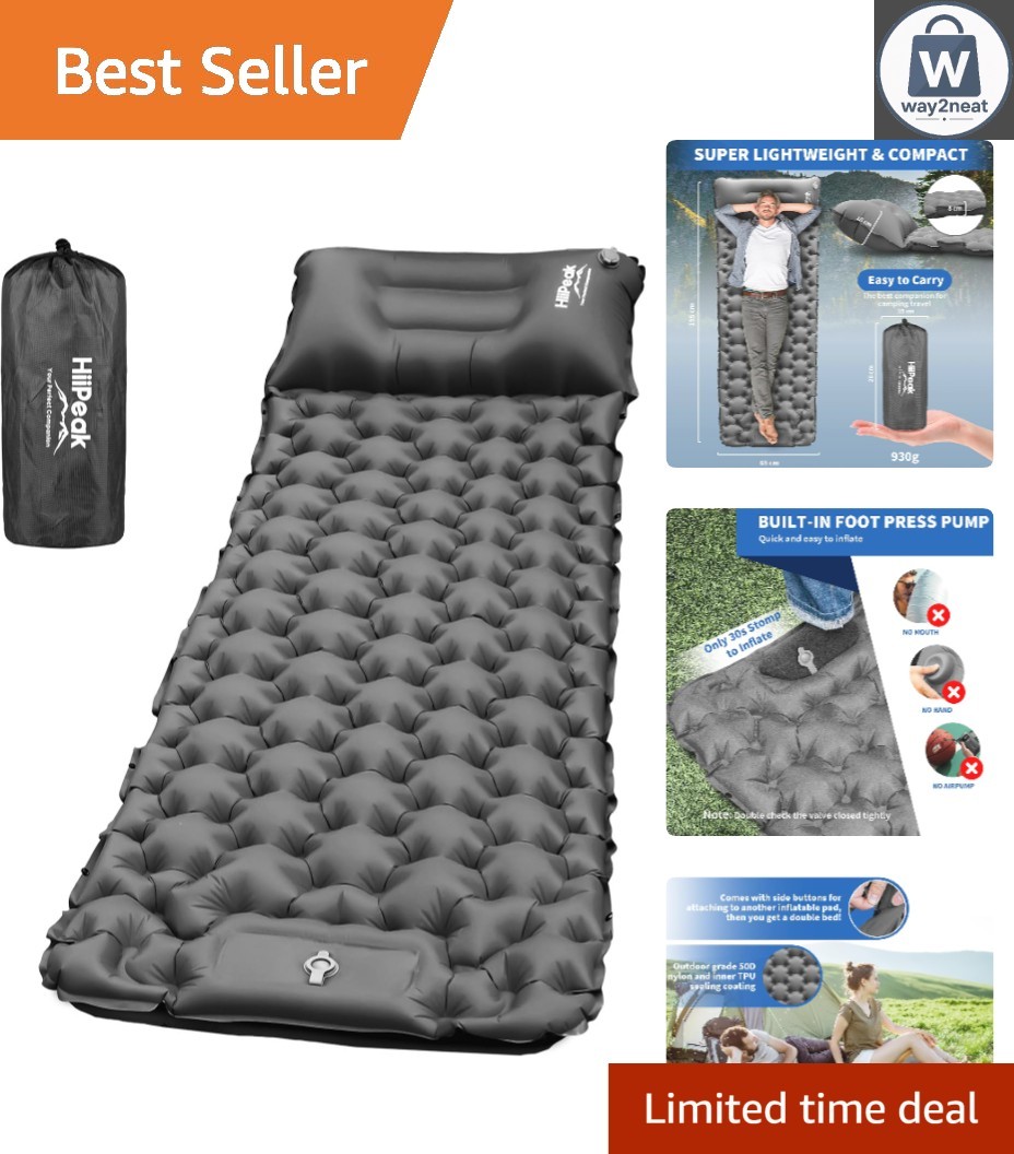 Compact Grey Camping Air Mattress with Built-in Pillow & Tough Waterproof Design