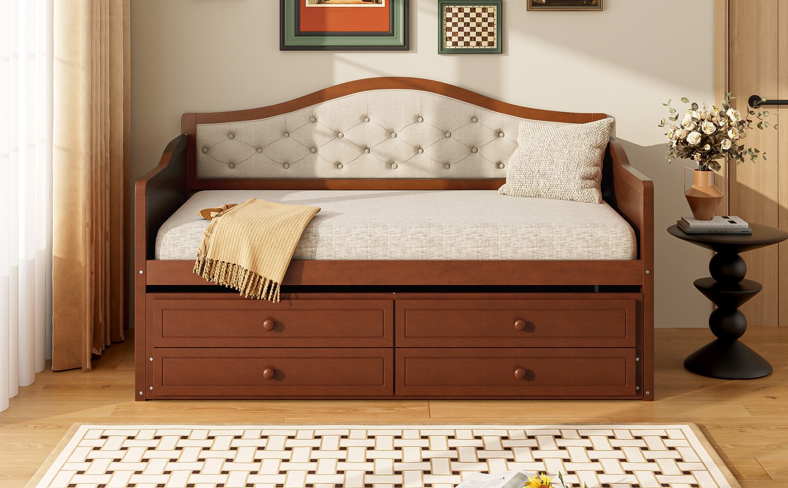 Twin Daybed with Trundle Upholstered Headboard 2 Drawers Wooden Sofa Bed Walnut