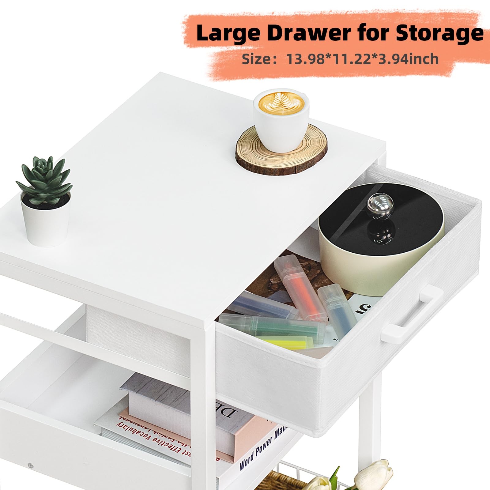 White Printer Stand with Fabric Drawer, 3 Tier Industrial Side Table, Modern ...