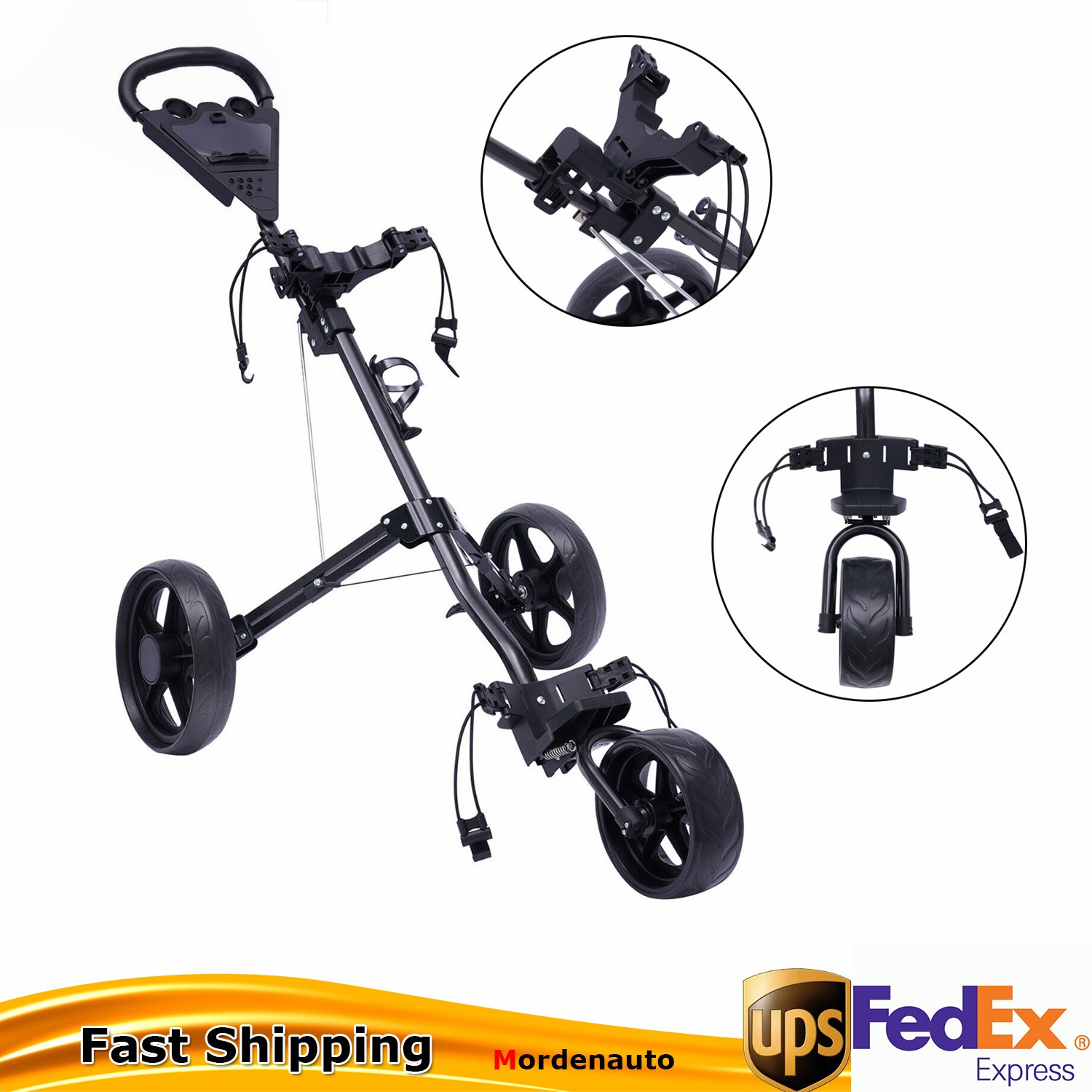 Foldable 3-Wheel Golf Pull Push Cart Trolley with Scorecard Drink Holder Black
