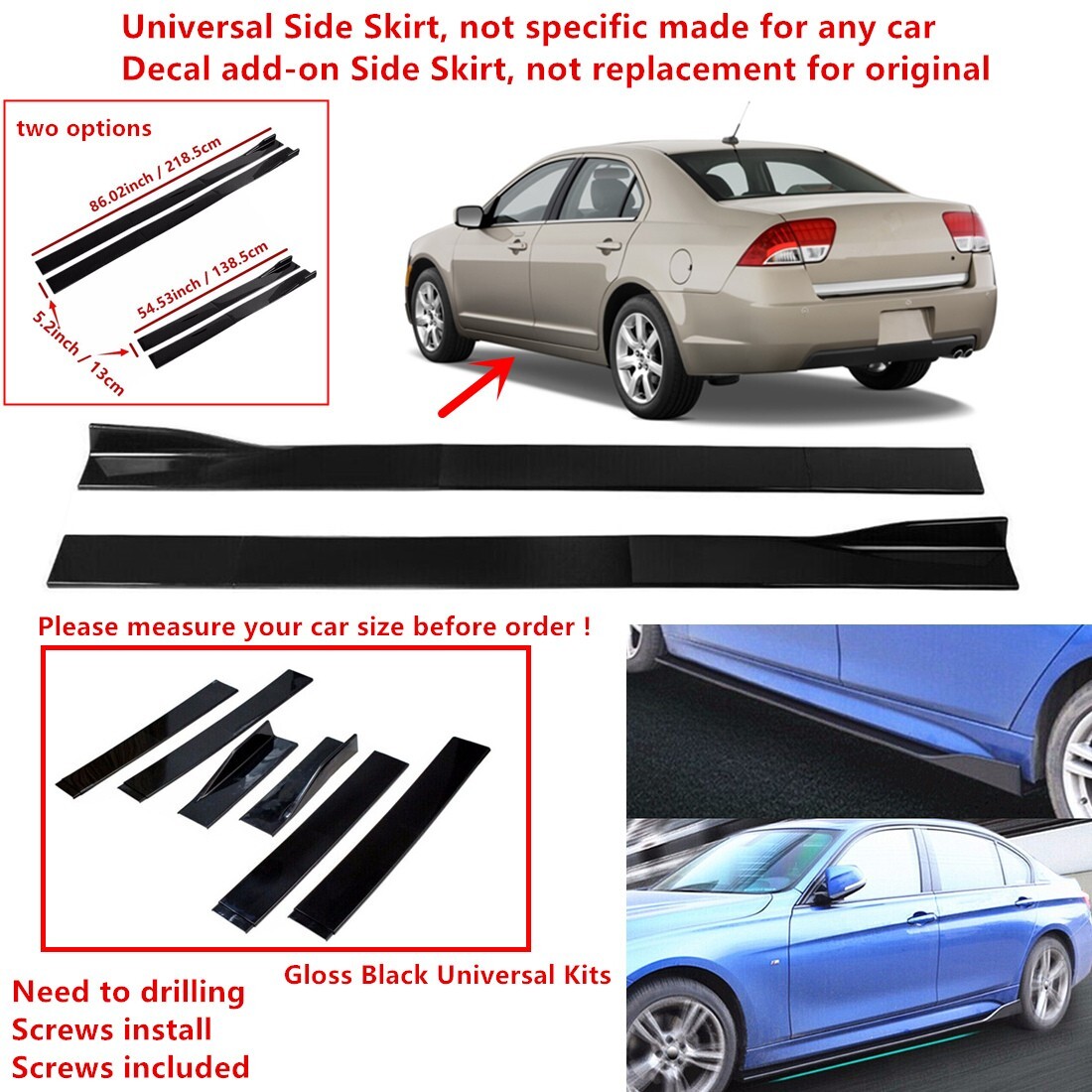 86/54.5" For 2006-11 Mercury Milan Universal Gloss Side Skirt Extension Lip Trim