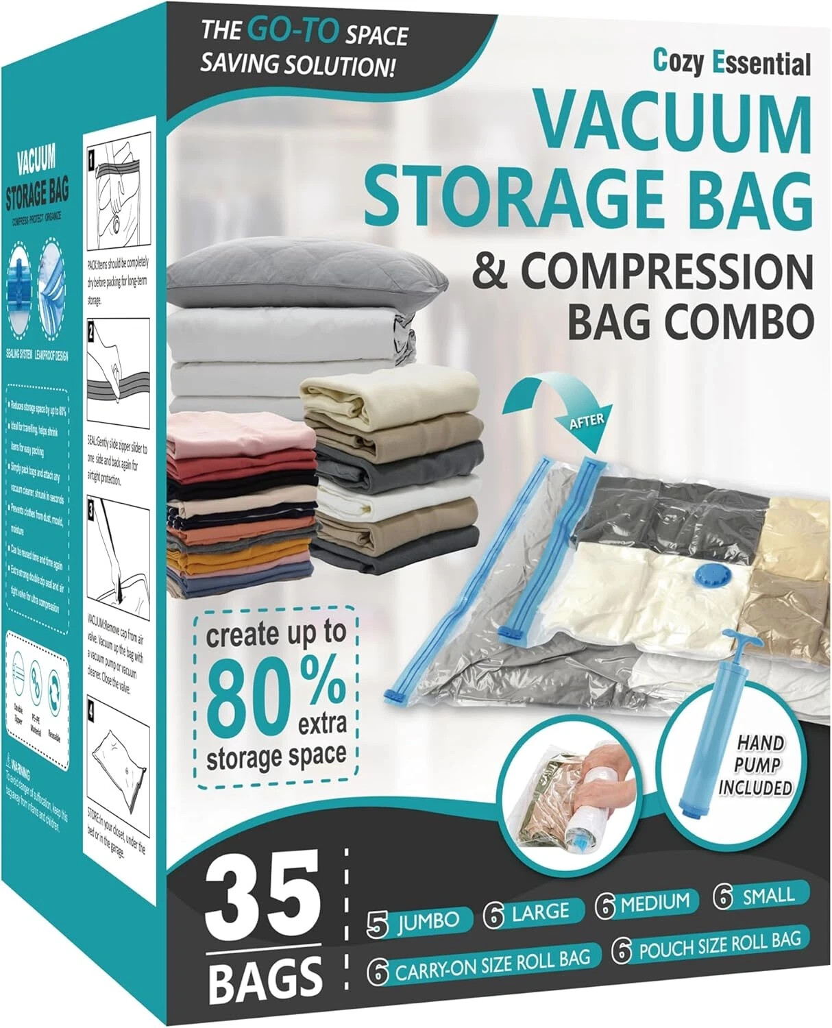 35 Pack Space Saver Bags (5 Jumbo/6 Large/6 Medium/6 Small/6 Roll-M/6 Roll-S) Co