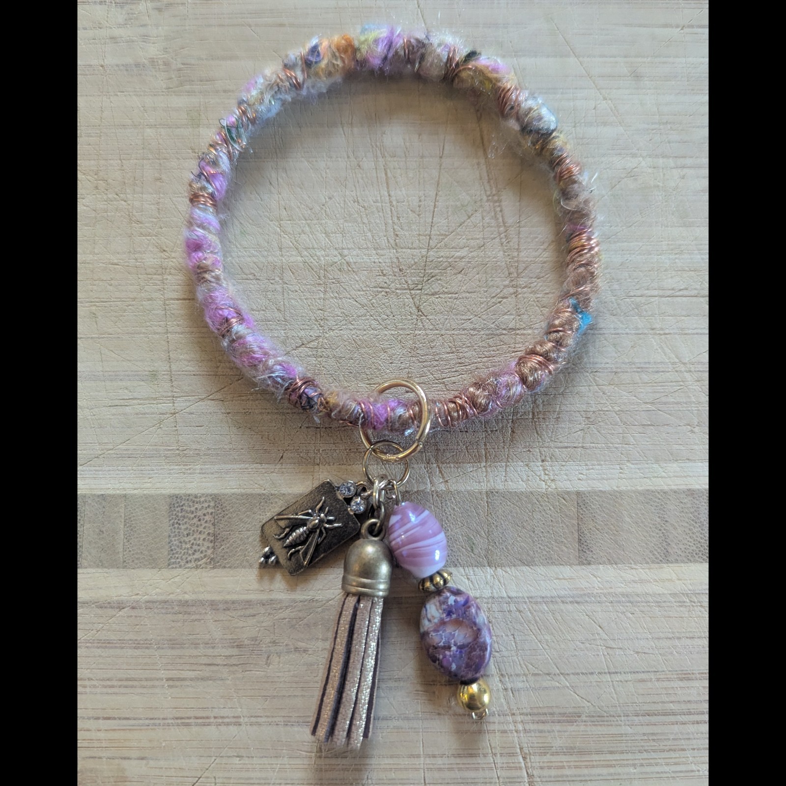 Handcrafted Bracelet With India Fabric + Wire Charms Beautiful Upcycled Jewelry