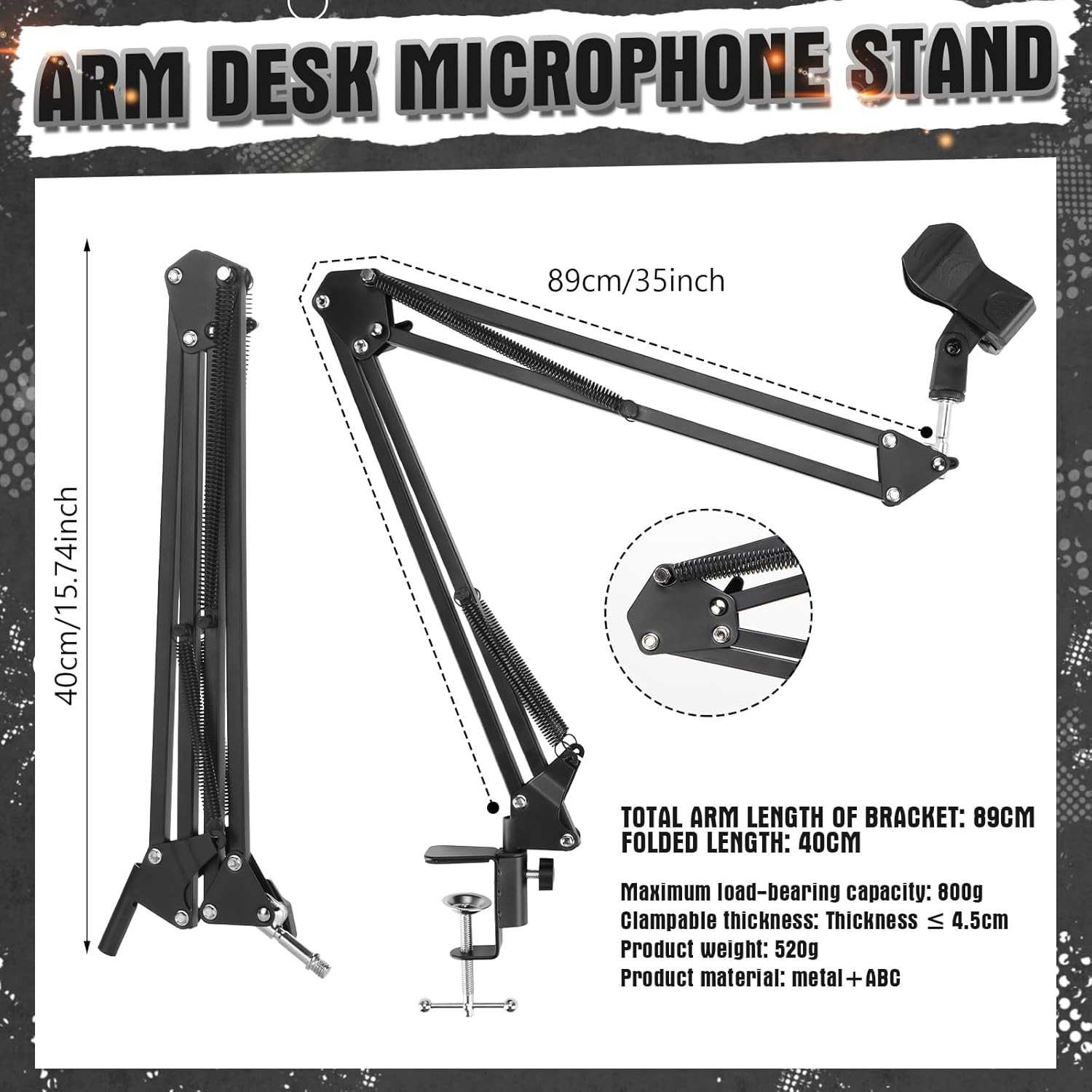 2 Pcs Boom Mic Arm Desk Microphone Stand 3/8" Screw Mount Clamp Storable Adapter
