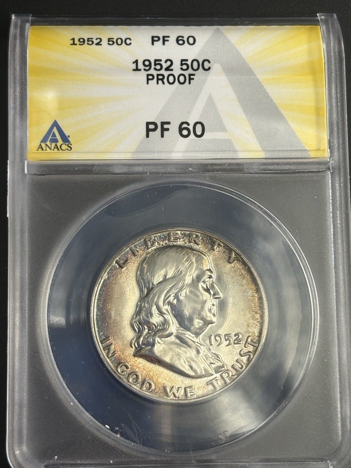 1952 Franklin 50c Proof Half Dollar ANACS PF60, Nice Purple Edge Toning