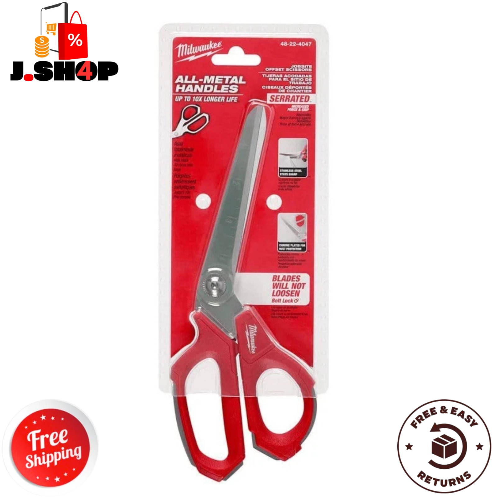 Milwaukee 48-22-4047 Job site Offset Scissors New Precision Sharp Blade Cutting