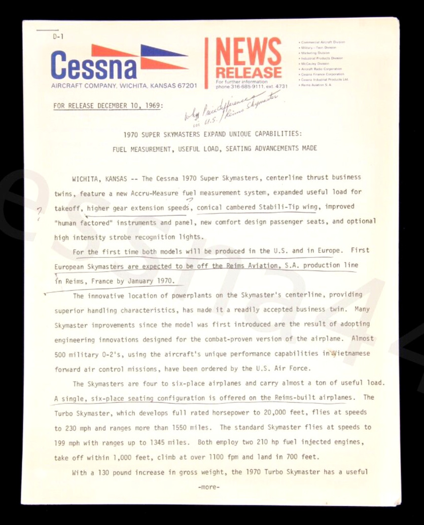 CESSNA News Release REIMS France Corporate Memo Original 1969 SUPER SKYMASTER