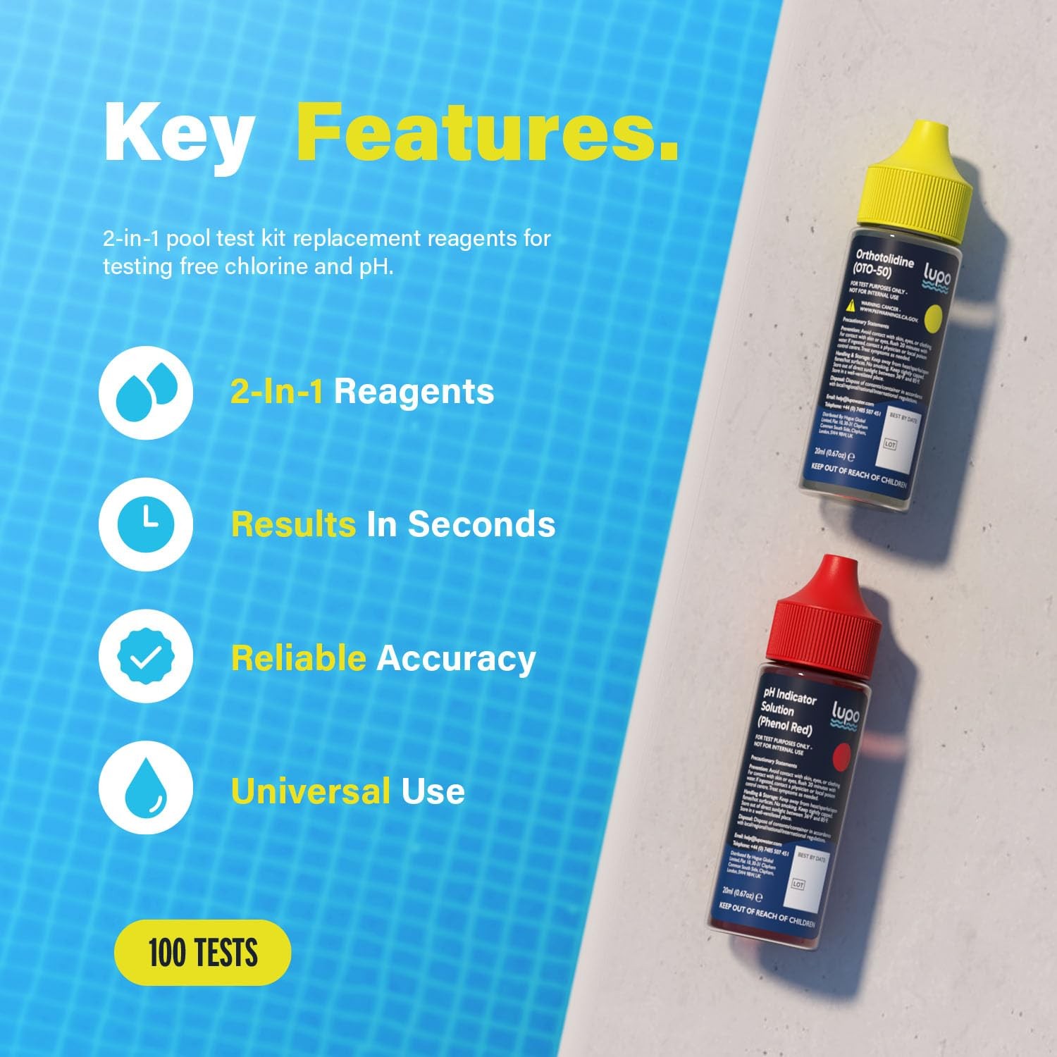 Lupo 2-in-1 Pool Test Kit Replacement Reagents | Refill Solutions