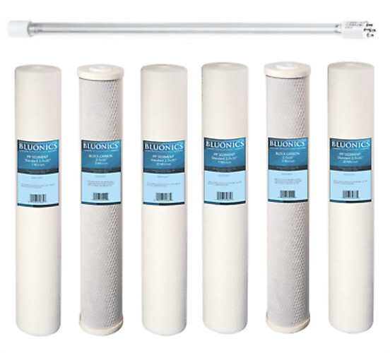 Well Water Filter Set 2.5x20 Sediment Carbon + UV Bulb BLUONICS