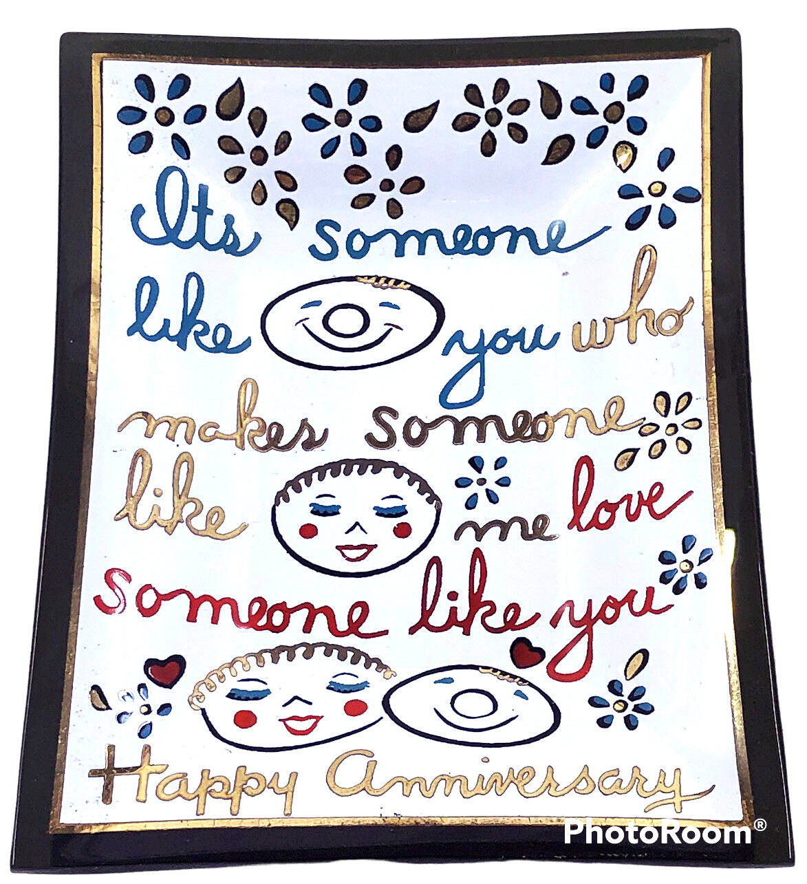 Vintage HOUZE ART GLASS Anniversary Dish Smoked Glass 4.5" Funny Graphics