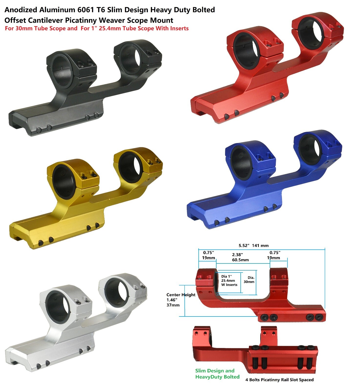 Black 30mm Offset Cantilever Picatinny Weaver Scope Ring Mount With 1" Inserts