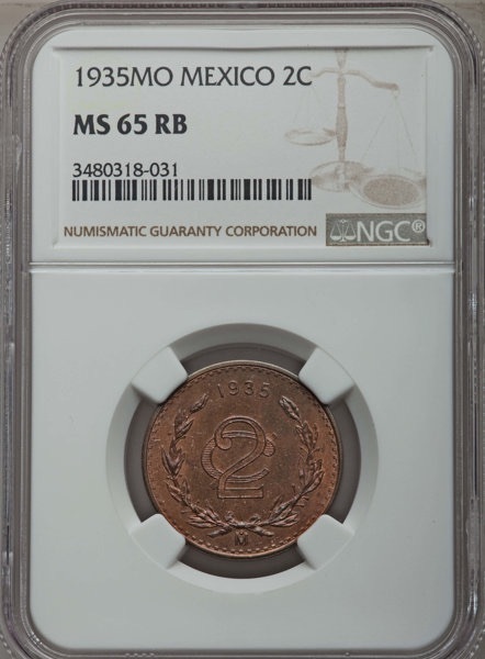 MEXICO ESTADOS UNIDOS 1935  2 CENTAVOS COIN NGC CERTIFIED UNCIRCULATED MS65-RB