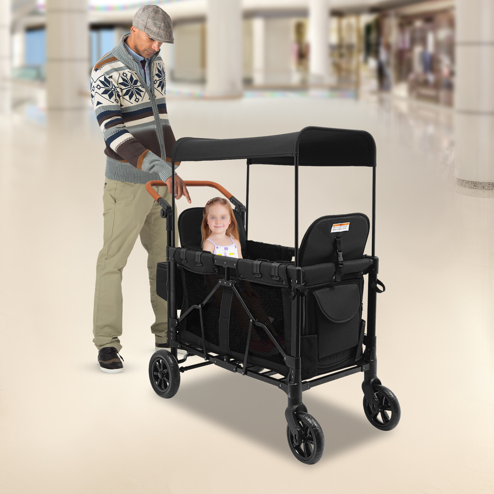 2 Kids Wagon Cart 2-Seat Stroller Wagon Collapsible Quad with Canopy For Travel