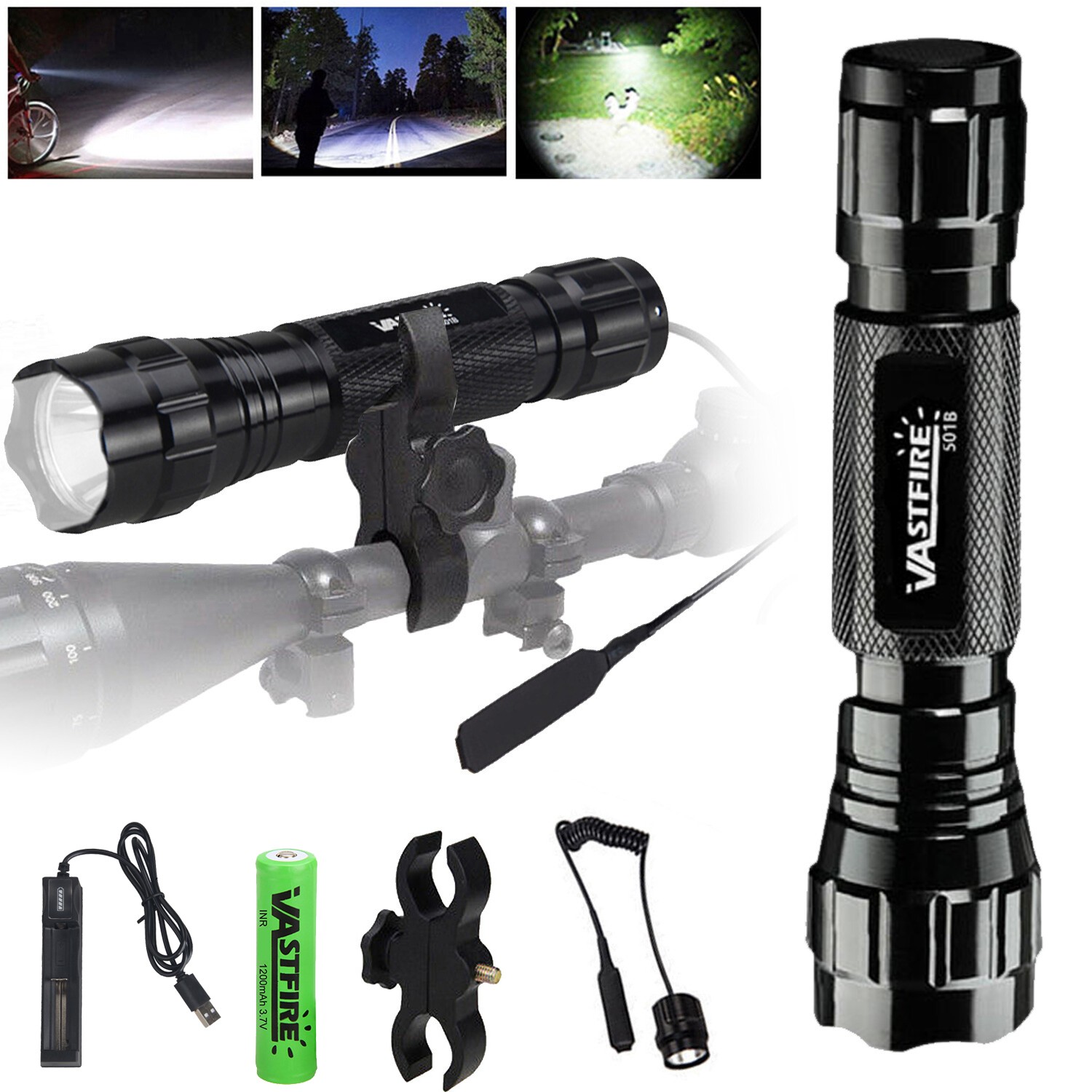 1000LM 501B LED Flashlight Hunting White Light Night Torch w/ Scope Mount