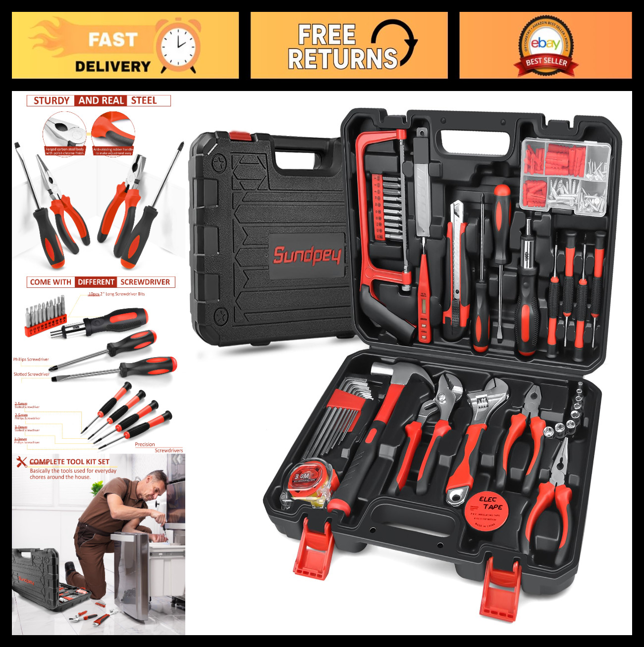 148 Pcs Portable Hand Tool Kit Set with Case - Ratchet Screwdriver, Wrench & Pli