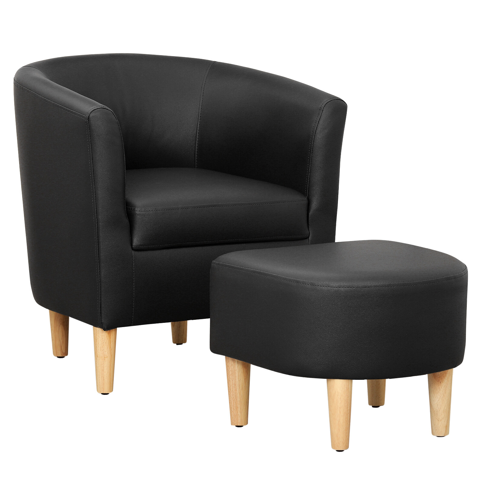 Upholstered Club Chair with Ottoman Set Faux Leather Barrel Design Armchair