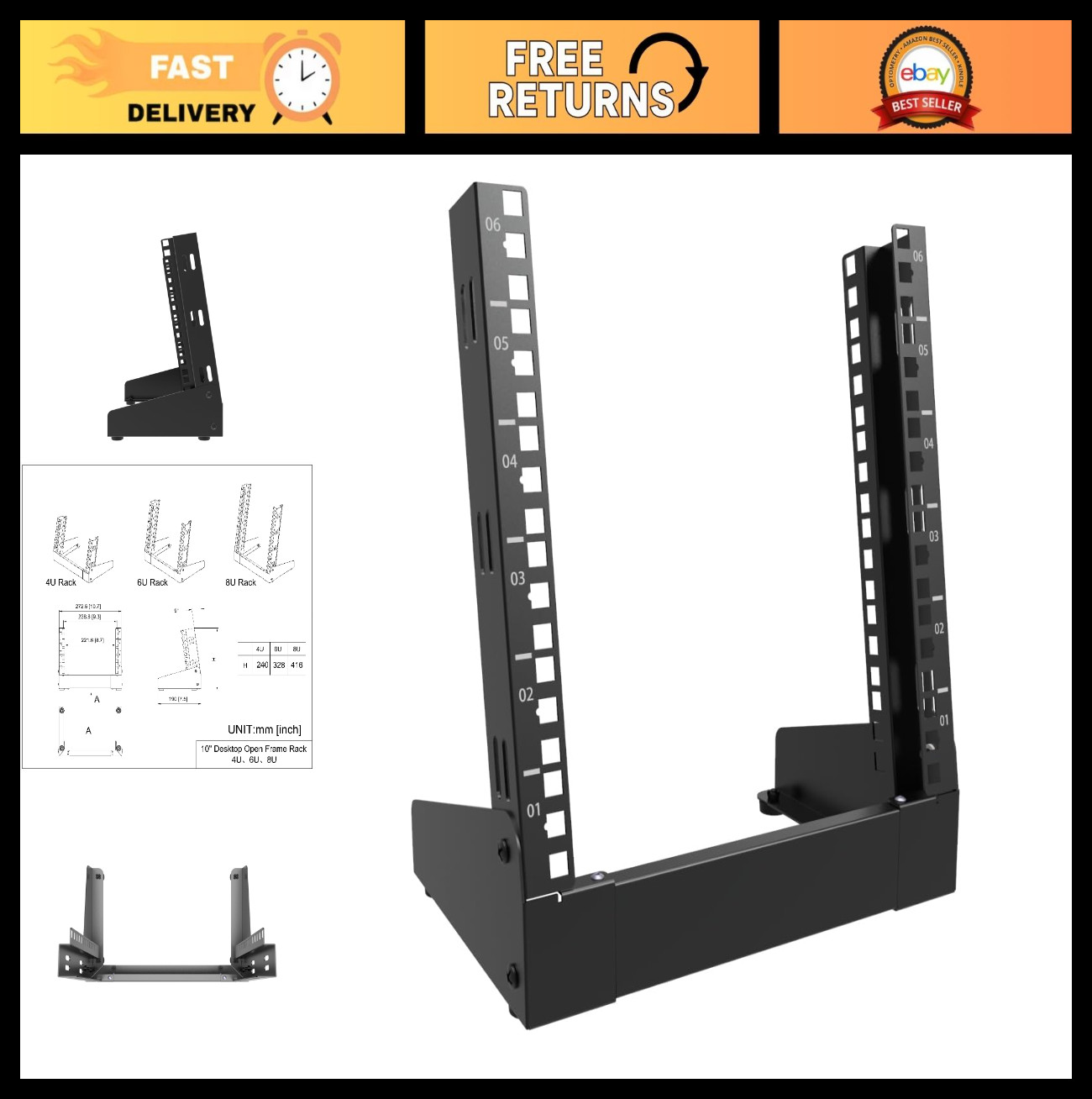 6U Mini Open Frame Desktop Network Rack Cabinet for Servers, Audio, Video Gear