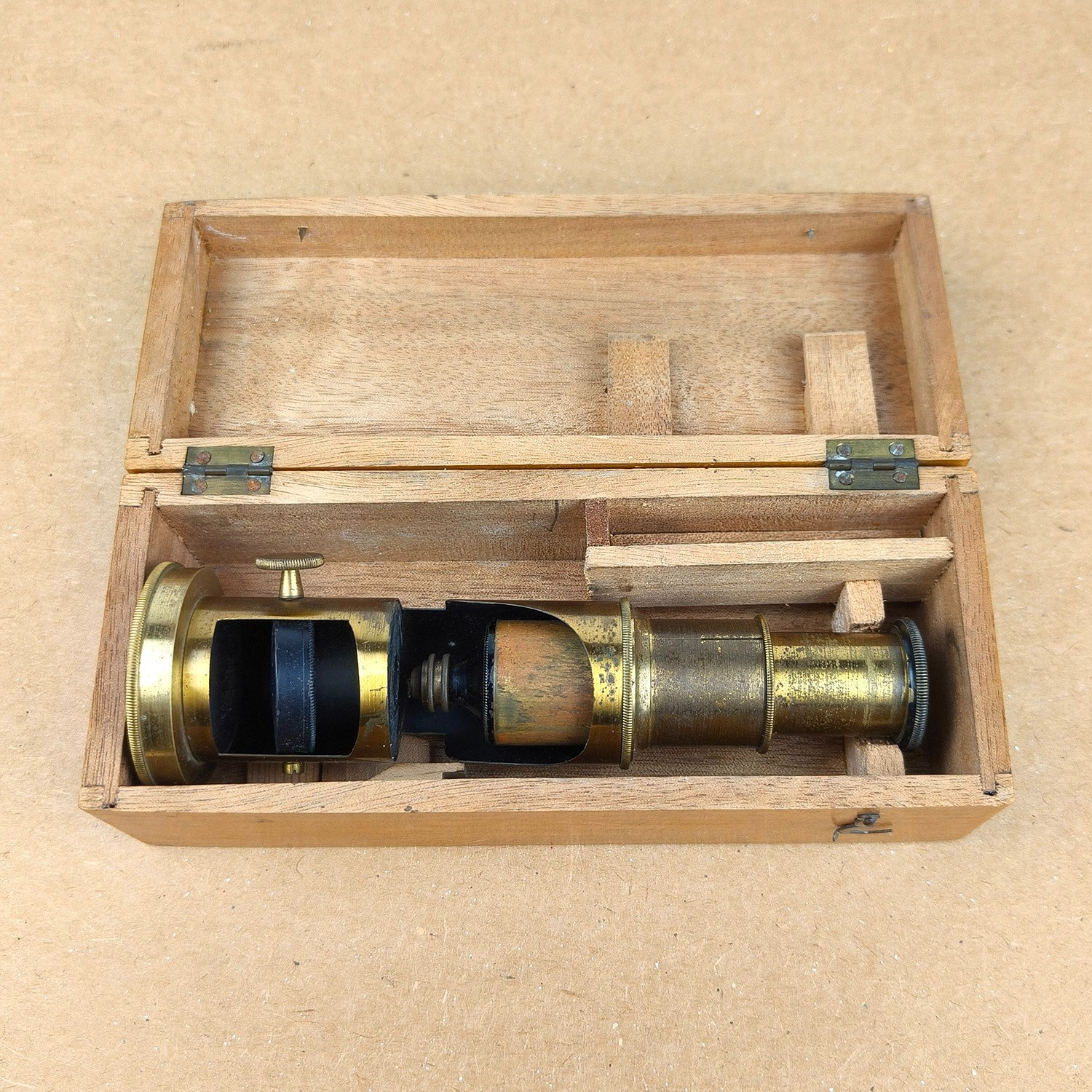 Antique Compact Brass Microscope with Original Case. Early Scientific Instrument