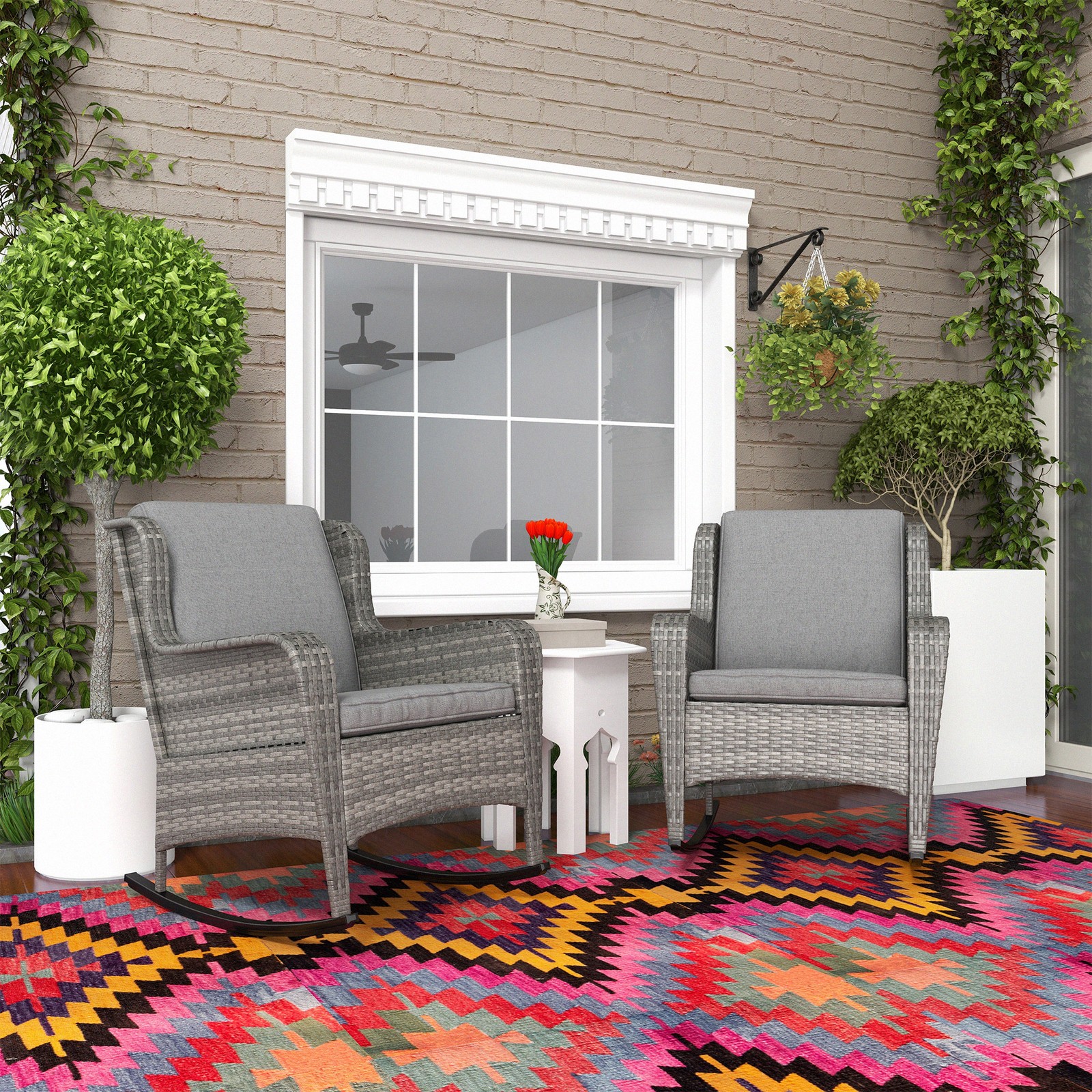 2 Piece Steel Frame Outdoor Rattan Rockers Cushions Patio Chairs