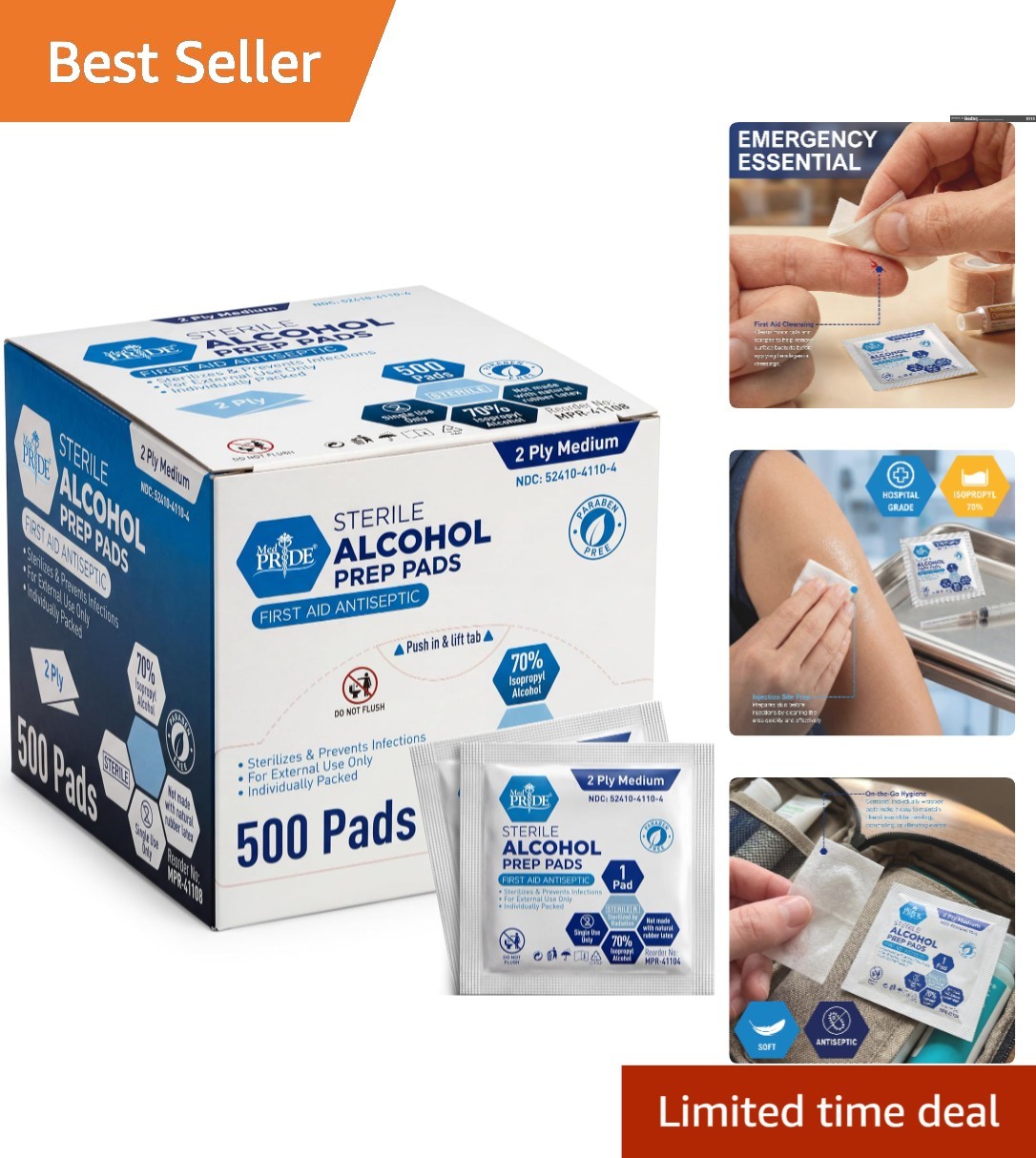 Sterile Indvidually Wrapped Alcohol Prep Pads - Essential First Aid, 500 Count
