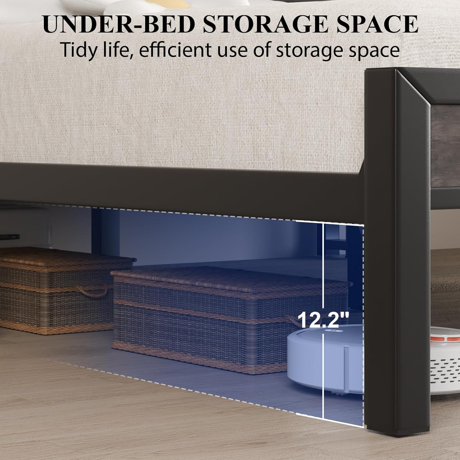 Full Size Bed Frame with Storage Headboard, Industrial Platform Bed with Chargin