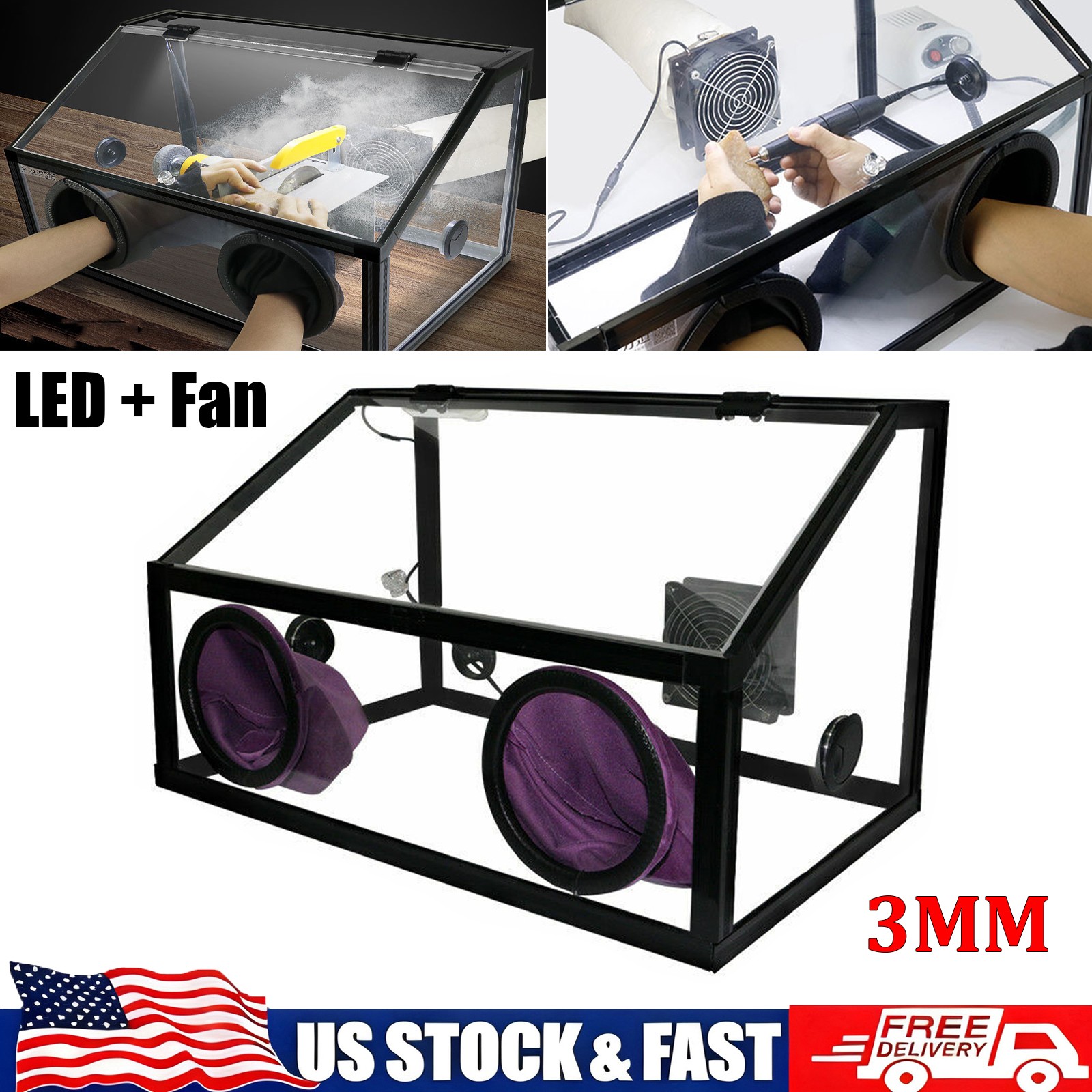 Enclosed Electric Grinding Polisher Acrylic Dust Box Cover with LED & Fan 3mm US