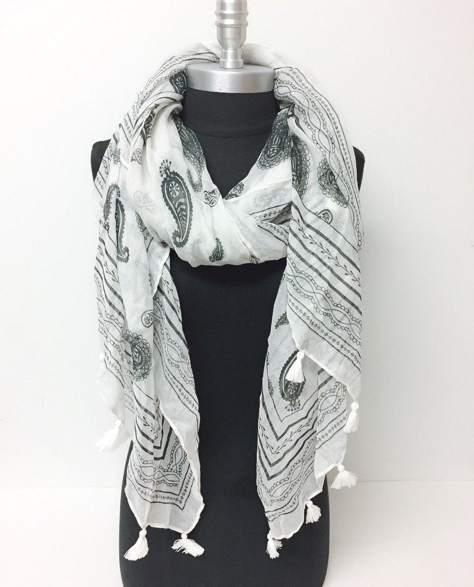 New Women Paisley Print w/Tassels Chiffon Long Scarf Soft Wrap Shawl,White
