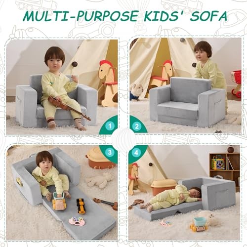 Kids Couch, 2-in-1 Toddler Chair Comfy 1-3 Years Old, Standard Grey