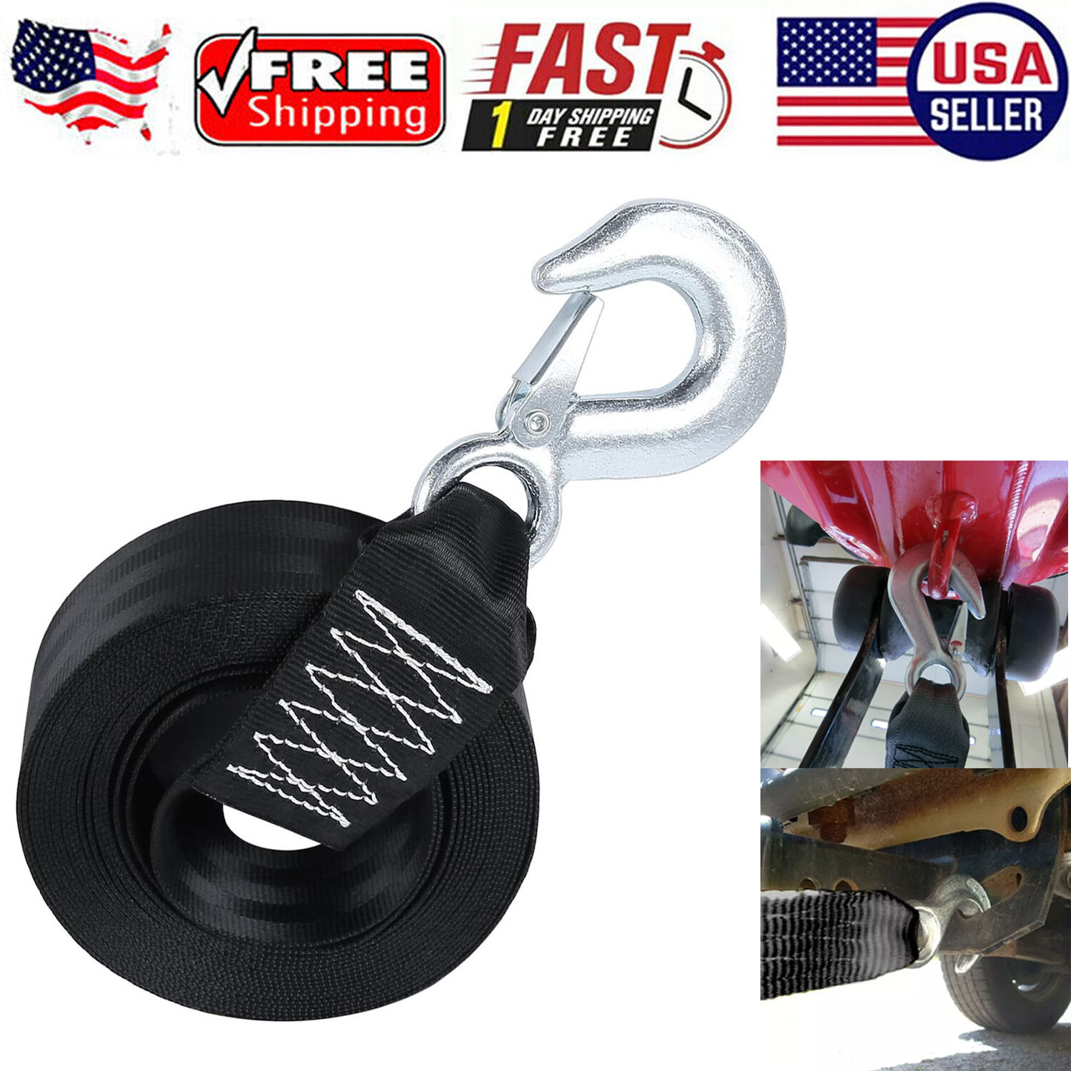 HEAVY DUTY BOAT TRAILER TOW REPLACEMENT WINCH STRAP ROPE 2" x20' WITH SNAP HOOK