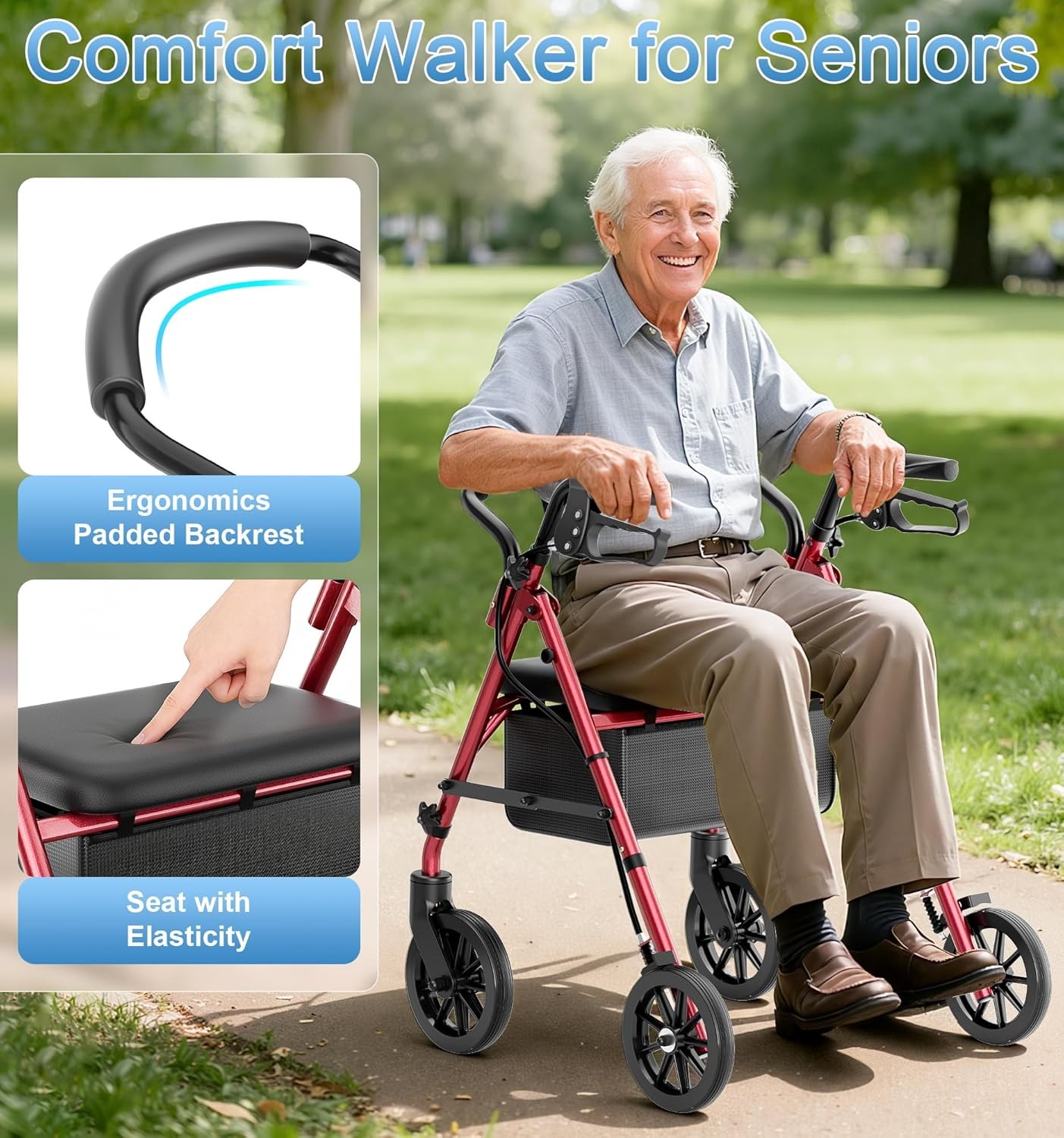 Lightweight Rollator Walker with Seat 4 Wheels Adjustable Height 300lbs Red